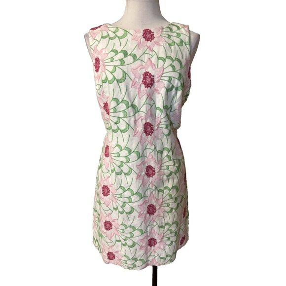 Talbots Dress 14P 14 P Sheath Embroidered Linen Cotton White Pink Green NEW - Picture 1 of 12